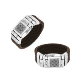Brown Leather sterling silver braided bracelet with engraved box clasp